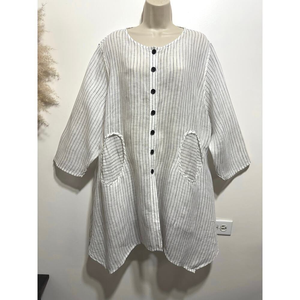 Cheyenne Lagenlook White 100% Linen Stripe Circle Pocket Tunic Top Size 1X